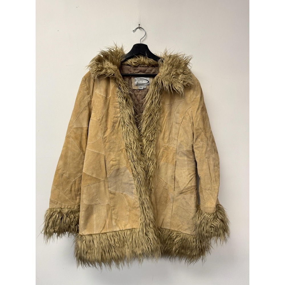 Vintage Rave Penny Lane‎ Coat Womens Large Beige Suede Faux Fur Trim Y2K